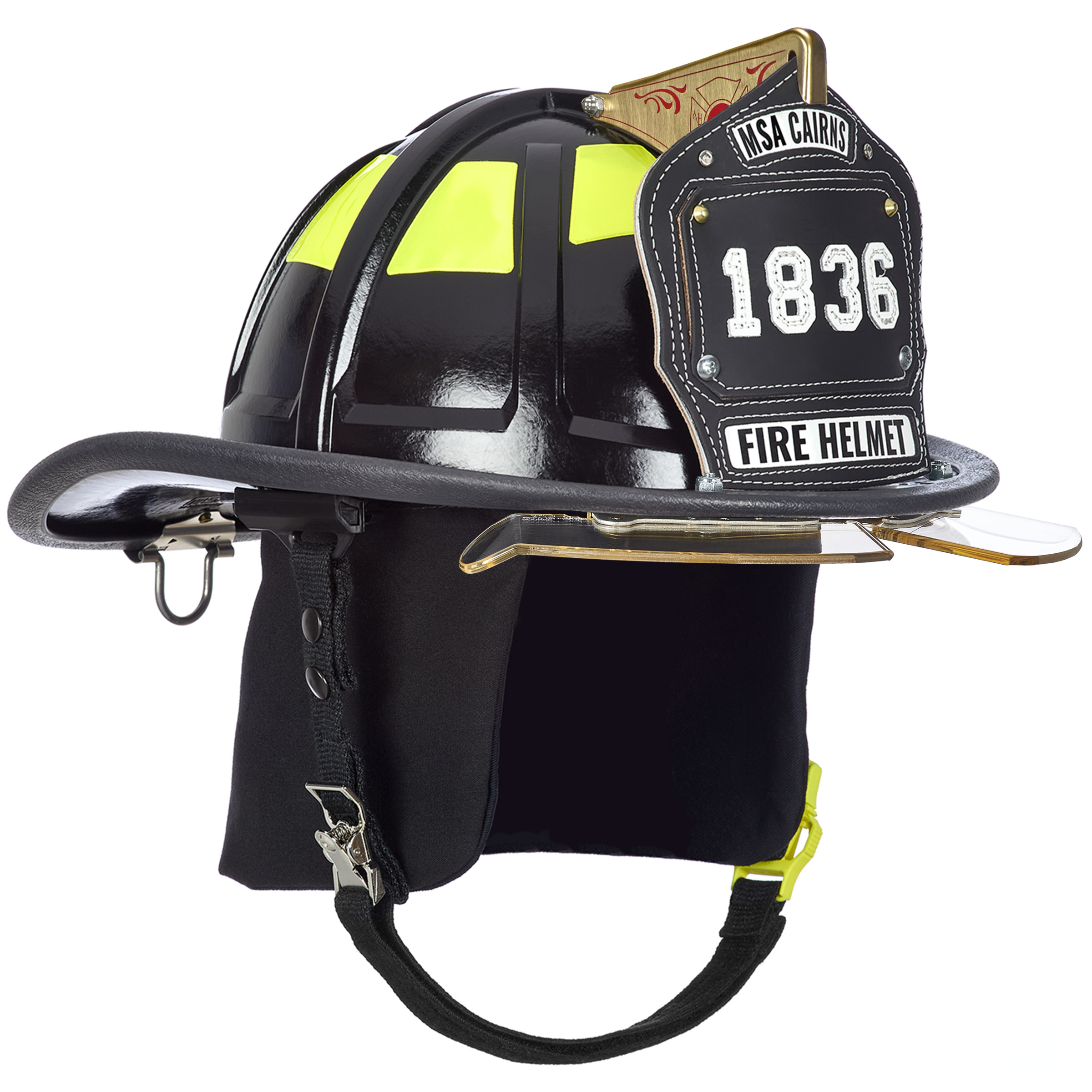 Cairns 1836 Black Fire Helmet, with standard liner, bourkes Bourkes Tuffshield Visor, Black Nomex earlaps, 6" maltese cross, Reflexite lime yellow